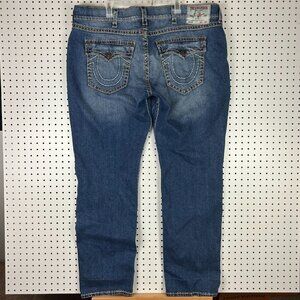 True Religion Ricky Relaxed Straight 44x36 Blue Jeans Flap Pocket Embroidered